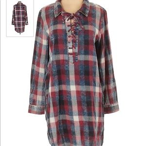 Vintage Havana Womens Long Sleeve Red Blue Plaid Drawstring Tie Shirt Dress Sz S